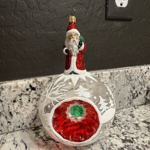 Christopher Radko Huge Clear Frosted Reflector Ornament with Santa on Top EUC